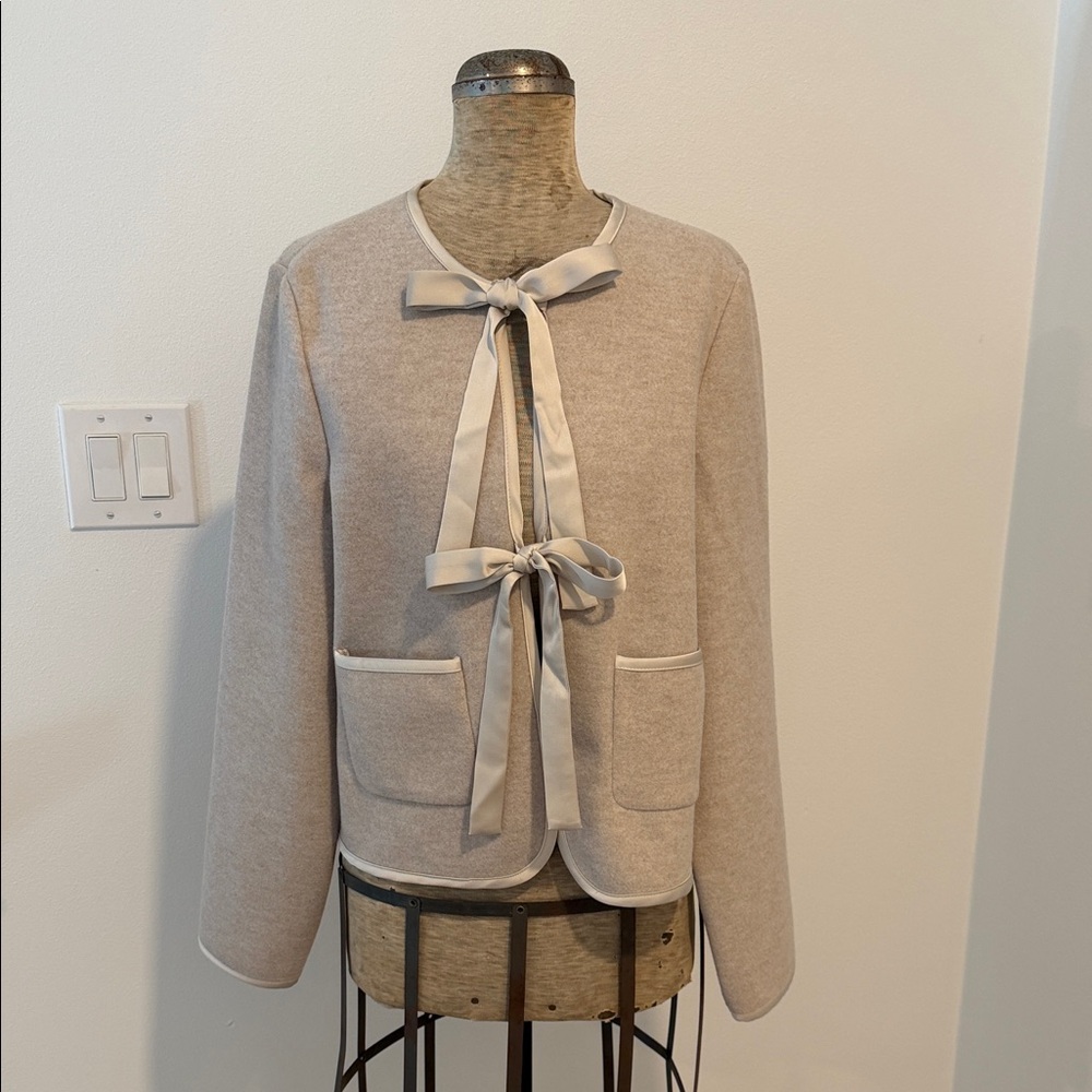 Joie Satin Trim Bow Cardigan Cream Size Medium NWT
